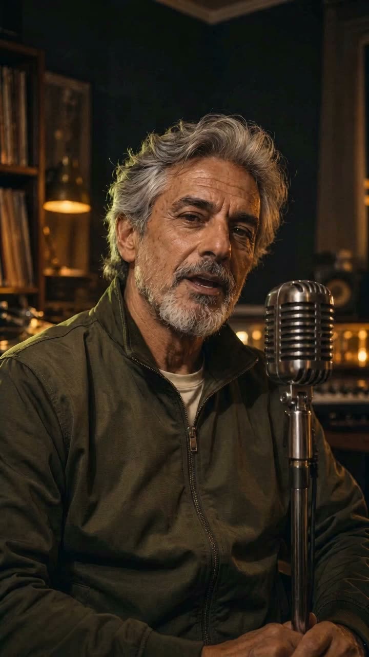 Old School Cool sample: a solo performer at a chrome microphone in a warm vintage recording room