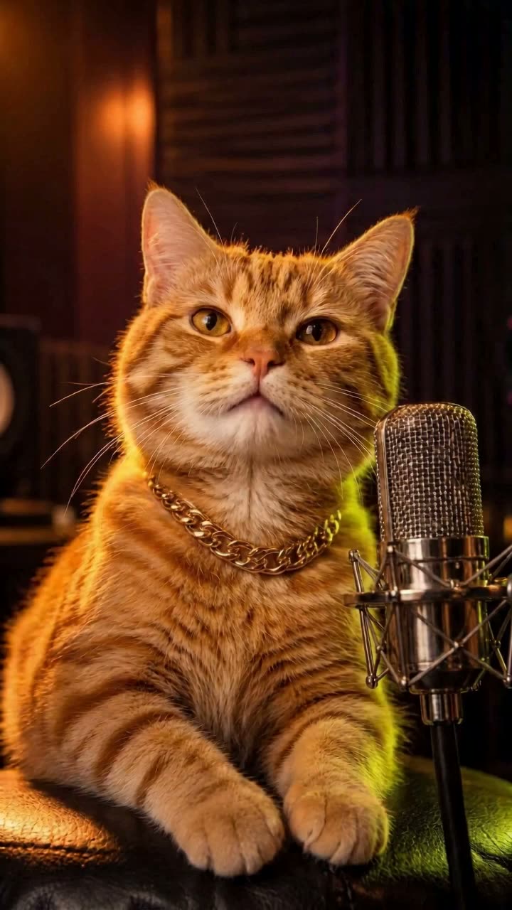 Pet Mic Drop sample: an orange cat beside a tiny microphone in a recording booth
