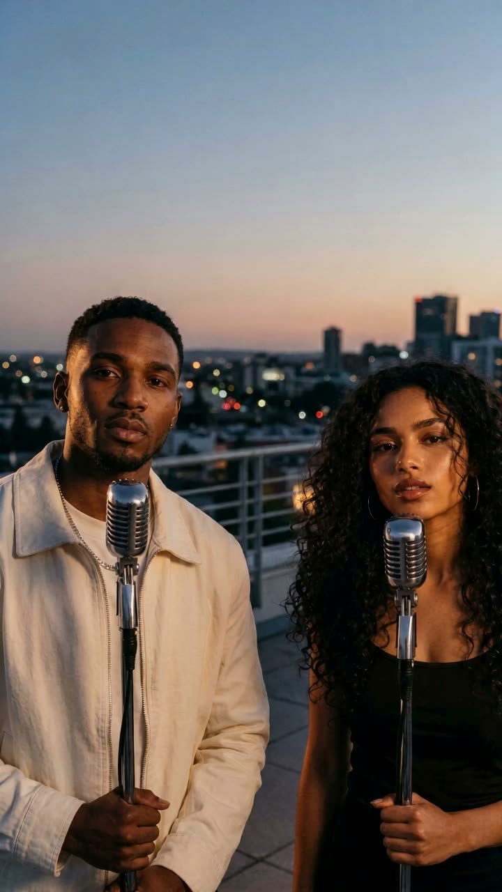 Rooftop Cypher sample: two performers against a sunset city skyline