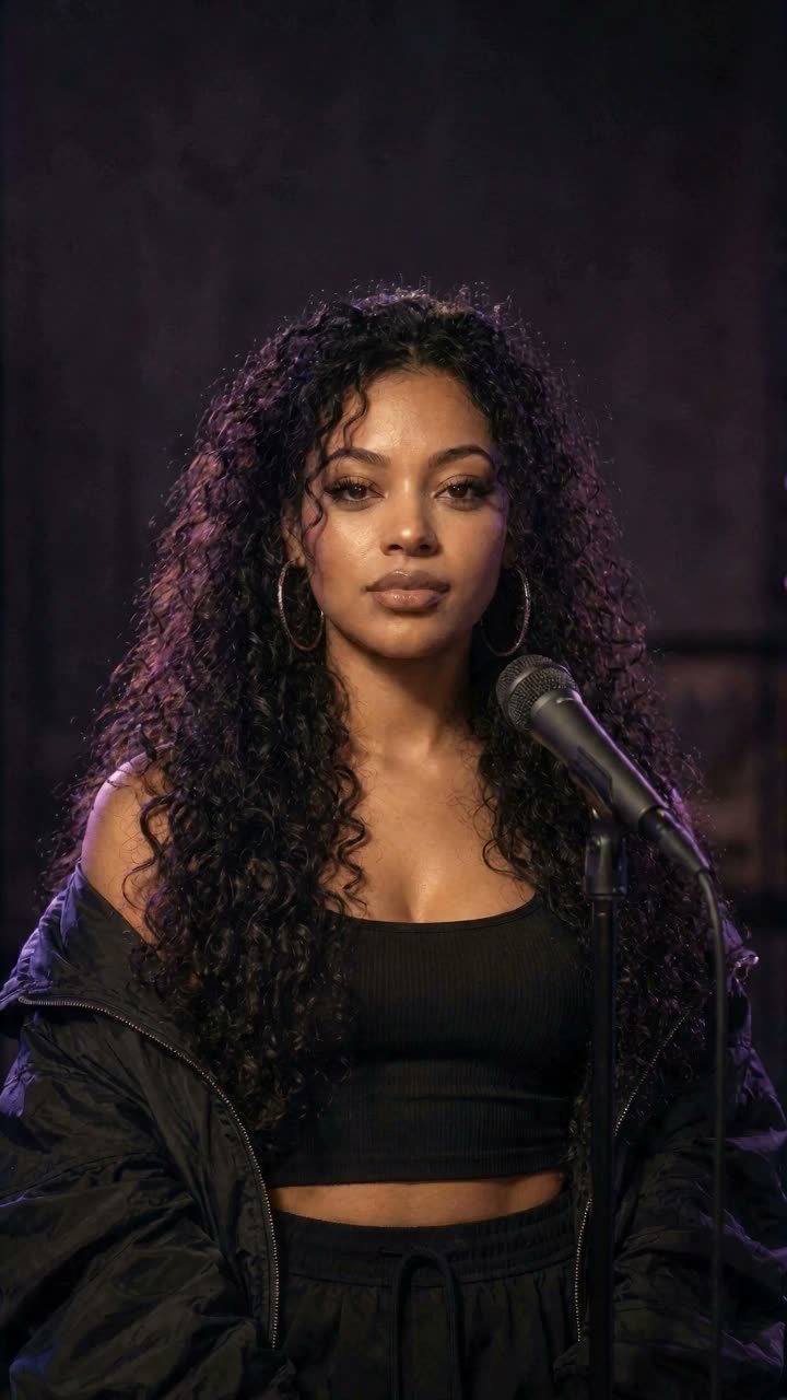 Solo Spotlight sample: one performer at a microphone on a dark, softly lit stage